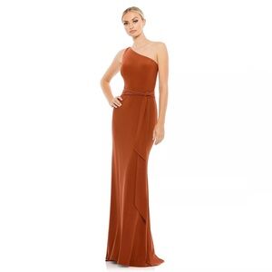 Mac Duggal Size 2 Jersey One Shoulder Belted Trumpet Gown Brick NWT